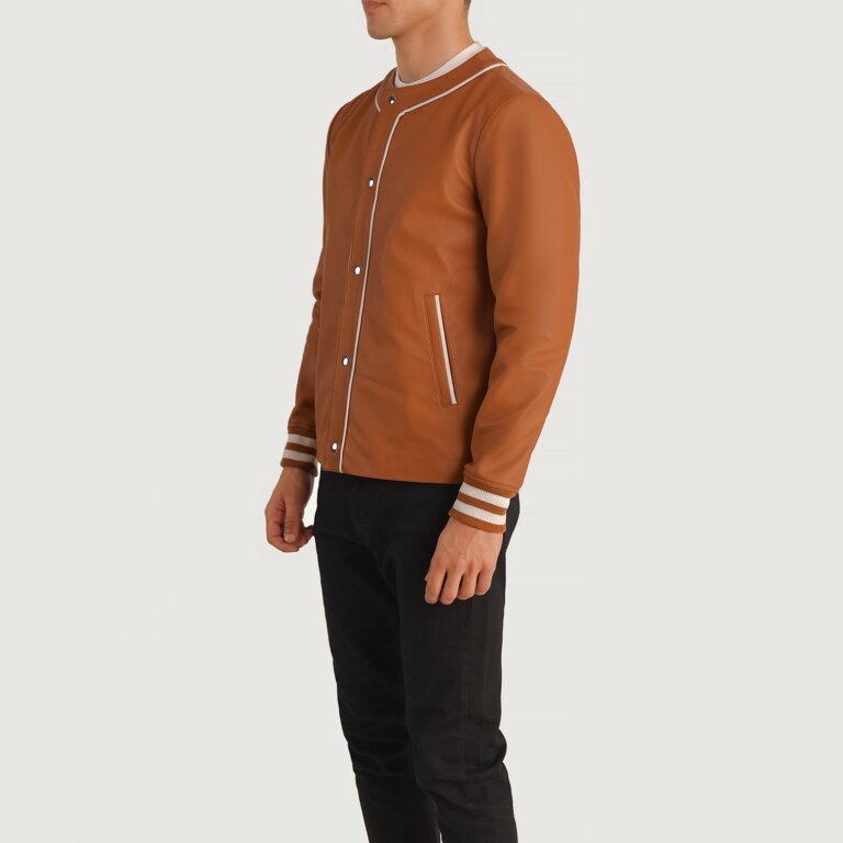 Mens Willis Tan Brown Leather Varsity Jacket Side Pose-3-1704121895885